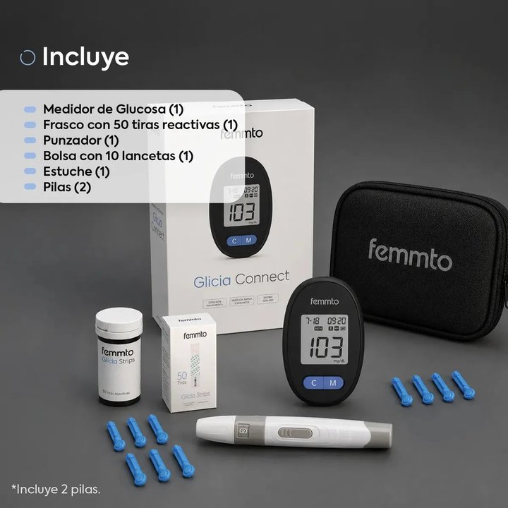 Glucómetro FEMMTO Glicia Connect con tiras, punzador, lancetas y estuche