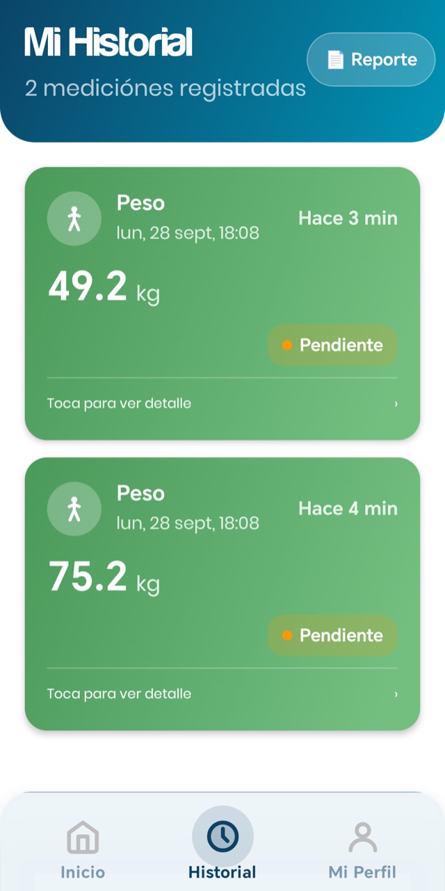 Pantalla Mi Historial: cada medición muestra su estado de envío