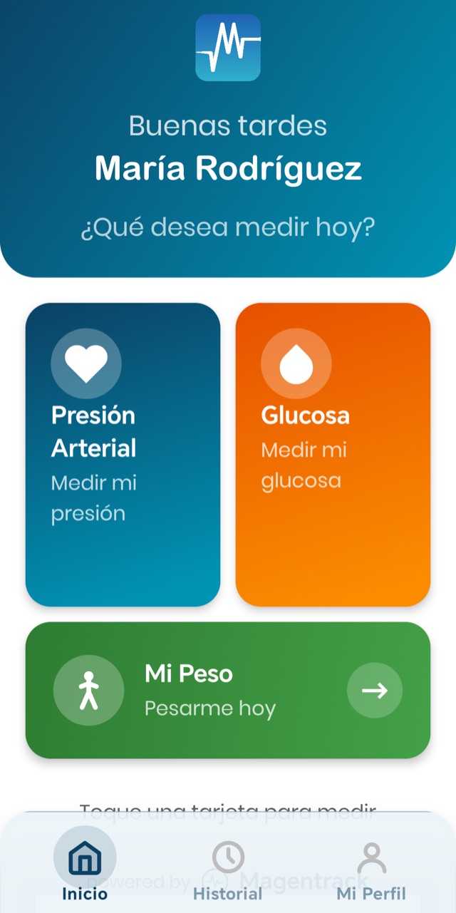 Pantalla de Inicio de DataSalud con las tarjetas Presión Arterial, Glucosa y Mi Peso