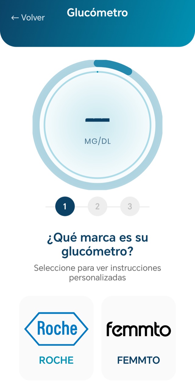Pantalla Glucómetro con las opciones de marca ROCHE y FEMMTO