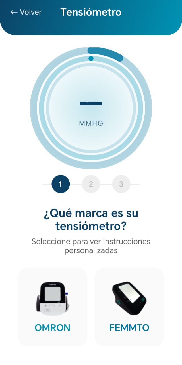 Pantalla Tensiómetro con las opciones de marca OMRON y FEMMTO