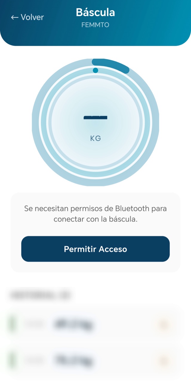 Pantalla Báscula FEMMTO con el botón Permitir Acceso resaltado